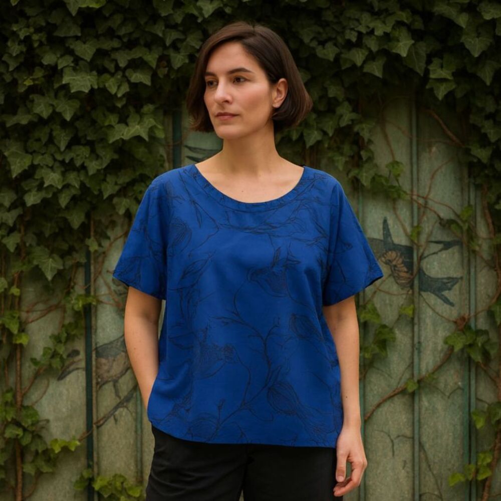 COS Blue Black 100% Cotton Animal Graphic Blouse Top Shirt Women's Size 42